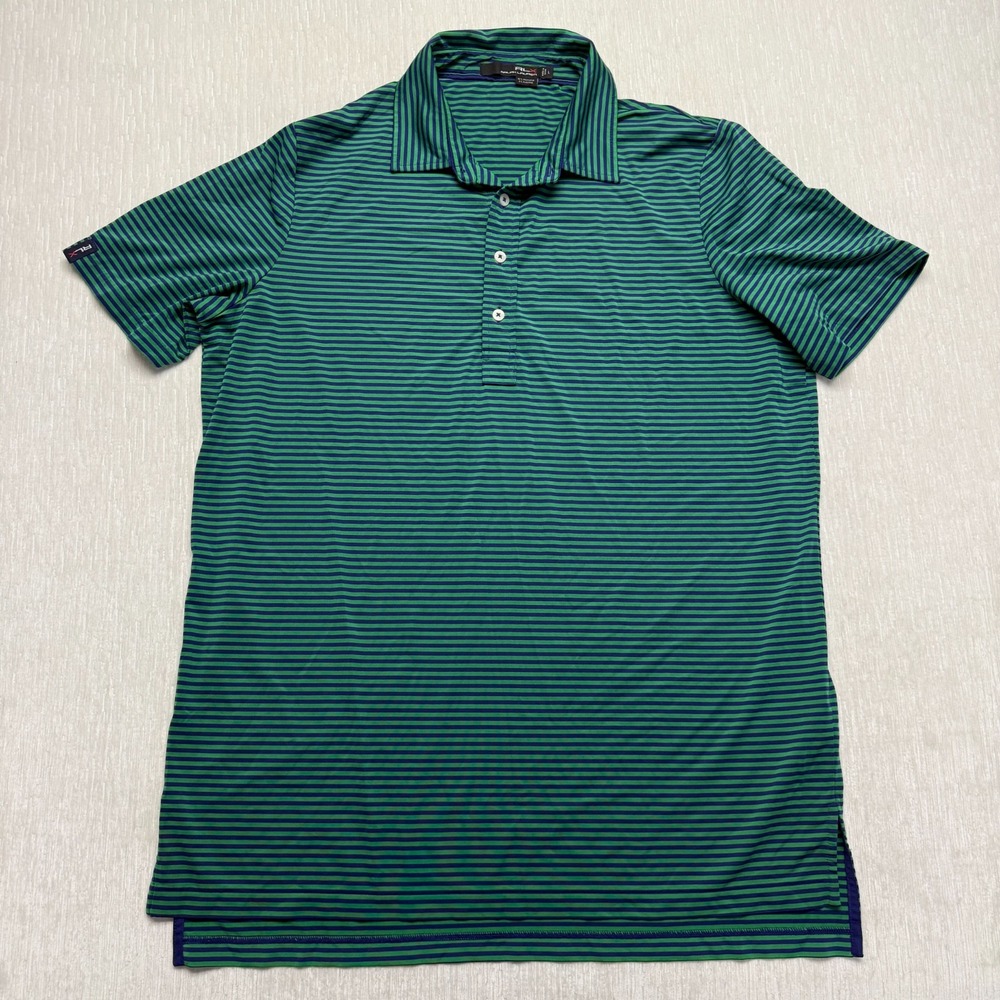 Ralph Lauren RLX Polo Shirt Mens Large Green Striped Stretch Golf Performance